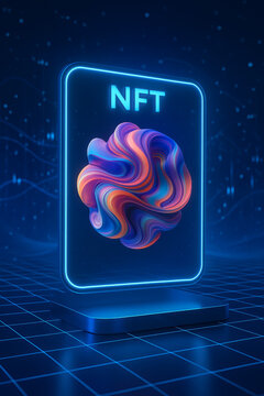 Glowing nft card presents multicolored sculptural knot above digital grid