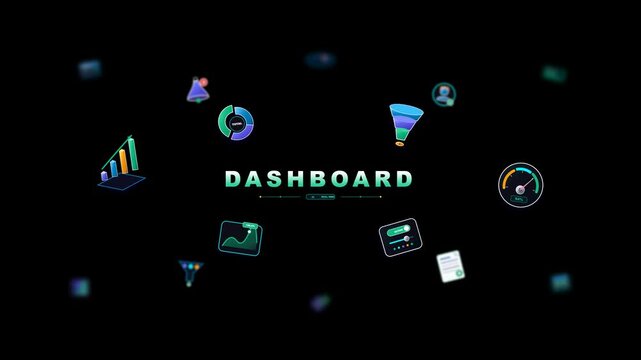 Modern 3D glassmorphic dashboard layout featuring floating analytics icons, emerald and indigo accents, depth of field blur, and executive typography on pure black background.