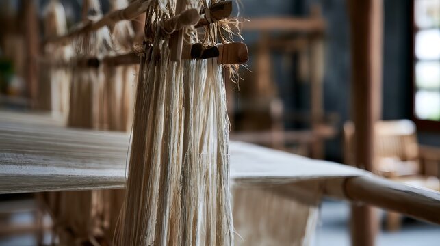 Close up of natural fibers hanging from a traditional wooden loom in a softly lit weaving workshop