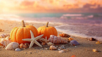Fototapeta premium Vibrant orange pumpkins resting on sandy beach shore alongside white starfish and colorful seashells during warm sunset