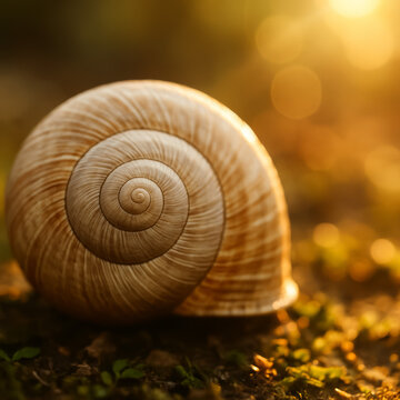 Beige spiral snail shell resting on soft mossy ground