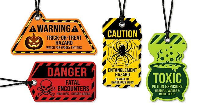 Halloween themed warning tags set with spooky hazards and danger labels.