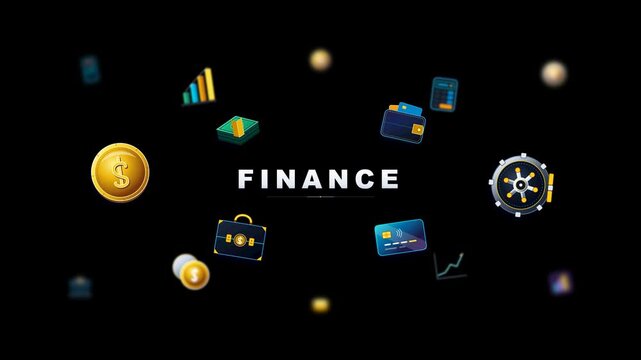 Modern 3D glassmorphic finance layout featuring clean sharp typography, floating commercial banking icons, depth of field blur, and gold accents on pure black background.