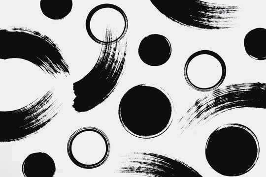 Black Brush Stroke Circles On White Minimalist Abstract Background
