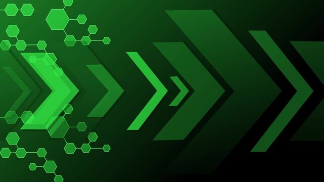 Abstract chevron arrows pointing right with hexagonal network pattern on dark gradient background animation