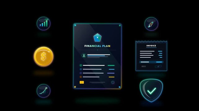 Modern 3D glassmorphic financial plan layout featuring wealth growth icons, banking statement invoice, security shield, and golden coin on black background.