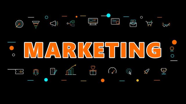 Modern vector marketing concept banner with commercial advertising icons, conversion growth charts, and vibrant typography on a clean black background.