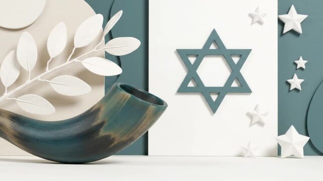 Elegant 3D rendering for yom kippur featuring a shofar horn and Star of David on a modern background