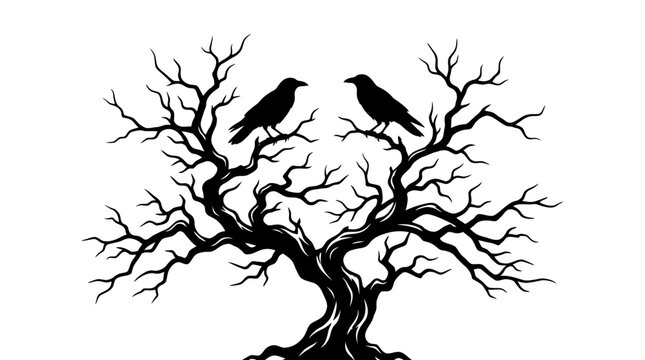 Silhouette illustration of two crows perched on a bare twisted tree.