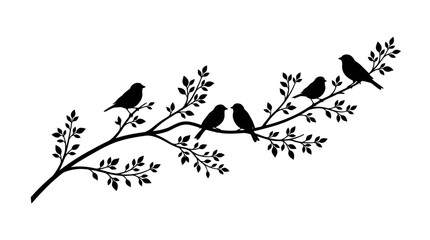 Obraz premium Black silhouette of birds perched on a leafy tree branch isolated on white background.