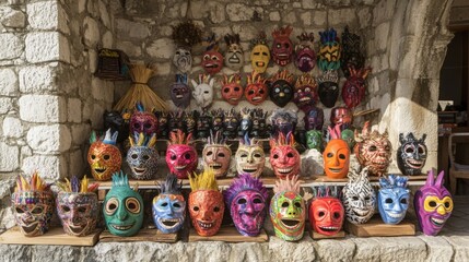 Fototapeta premium Handcrafted Colorful Carnival Masks Displayed on Stone Wall