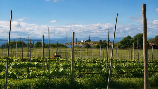 A dramatic perspective of parallel agricultural crop rows planted in neat lines across a field, extending toward a distant green tree line under a clear sky.