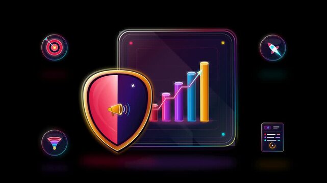 Modern 3D glassmorphic digital marketing layout featuring campaign analytics slab, ascending growth chart, bullseye target, conversion funnel, and brand icons on black background.