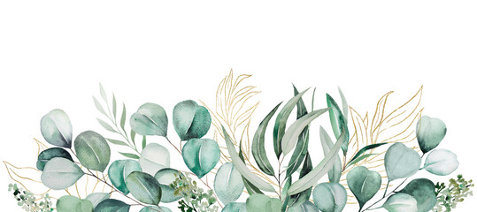 Watercolor border with hand drawn green eucalyptus leaves, botanical isolated illustration © katrinshine