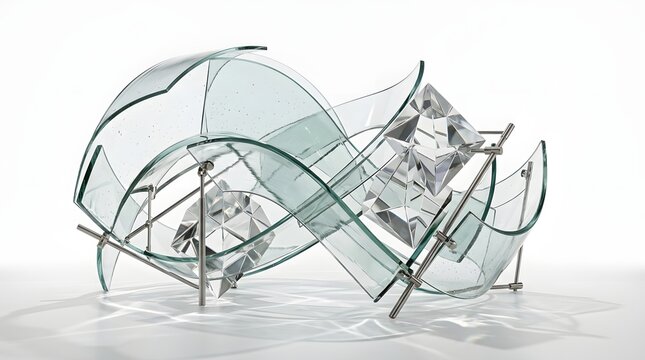 Abstract shattered glass sculpture on a reflective white surface with dramatic lighting