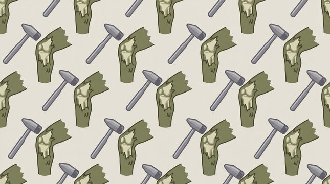 Halloween seamless pattern of reflex hammers hitting zombie knees