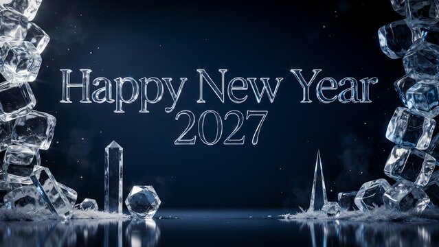 Happy New Year 2027 text rendered in ice typography with frozen ice cubes framing a dark blue winter holiday background scene