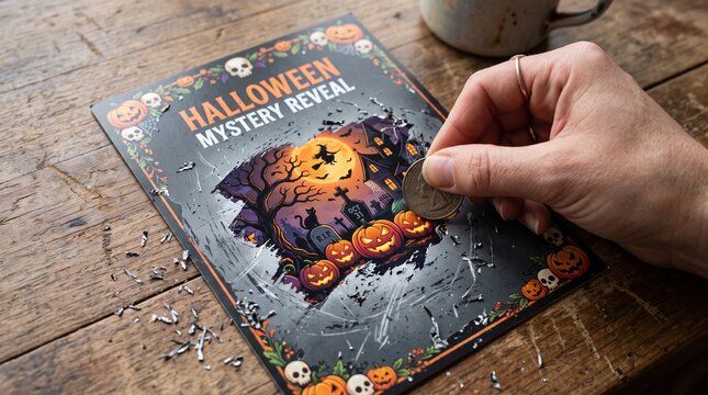 A person using a coin to scratch off a Halloween mystery reveal ticket on a rustic wooden table
