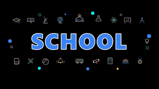 Modern vector school education banner with commercial academic icons, learning tools, and vibrant typography on a clean black background.