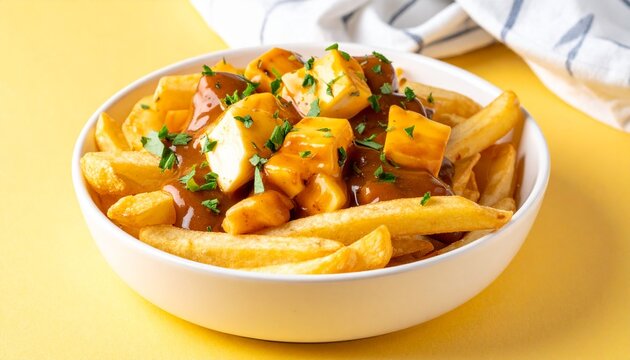 A white ceramic bowl filled with authentic Canadian poutine consisting of crispy golden french fries, rich brown savory gravy, melted cheese curds, and green herbs isolated on solid yellow background2