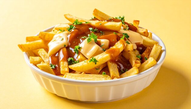A white ceramic bowl filled with authentic Canadian poutine consisting of crispy golden french fries, rich brown savory gravy, melted cheese curds, and green herbs isolated on solid yellow background3