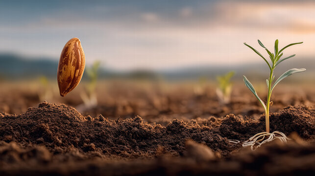 Watercolor biblical illustration of a seed falling on fertile soil, sprouting and growing into a healthy green plant