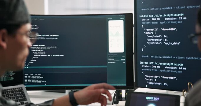 Hands, team and computer screen in office for code review, ui and mobile prototype for app design. People, developer and dashboard for website development, examine functionality and quality assurance