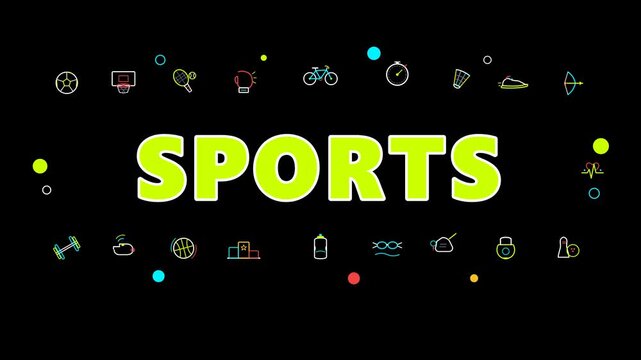 Modern vector sports concept banner with commercial athletic icons, fitness training gear, and vibrant typography on a clean black background.