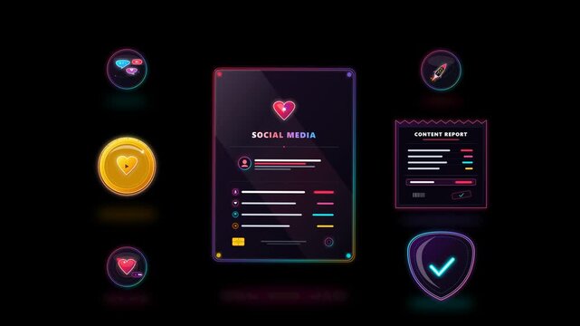 Modern 3D glassmorphic social media layout featuring viral engagement icons, digital content report, verified account shield, and creator token on black background.
