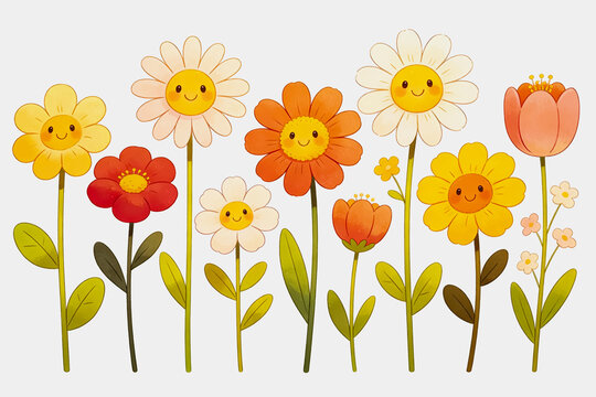 Cute Smiling Flowers In Various Colors On White Background