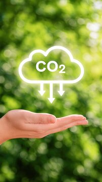 Hand presenting co2 reduction concept icon over green bokeh background for sustainability and carbon capture poster design