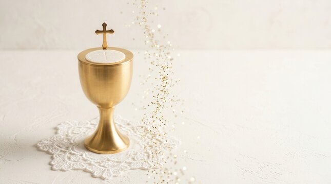 Elegant religious background with a golden chalice, cross, and lace for ceremony cards.