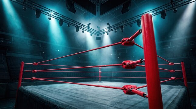 Dramatic spotlight illuminates an empty wrestling ring corner for competition promotion.