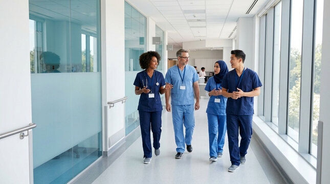Diverse medical team walking in hospital hallway