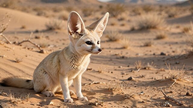 Fennec Fox With Huge Ears In Desert Sand, Animal Stock Photo