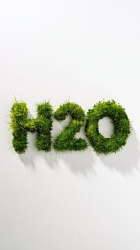 Dense vibrant green moss shaped into water letters on a white wall for eco signage, sustainable background and green advertising display