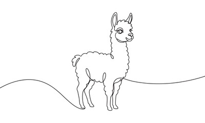 Obraz premium Continuous one line of a standing fluffy llama, minimalist animal isolated on a white background, simple of a cute farm animal with long neck and ears