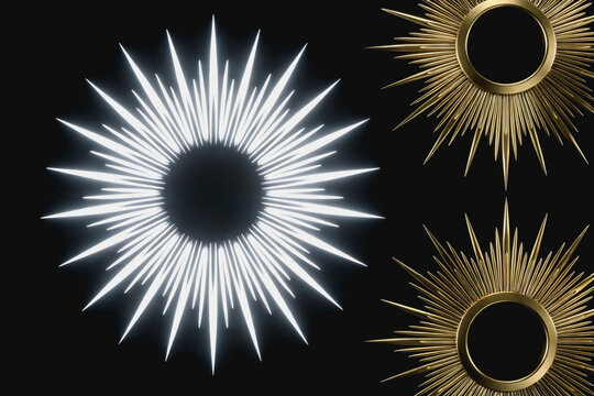 Three Sunburst Decorative Objects With Illuminated and Metallic Finishes