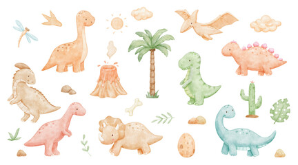 Cute dinosaurs set. Colorful watercolour t-rex, velociraptor and brontosaurus with egg and palm tree for childish graphic design projects. Nursery collection © Elena