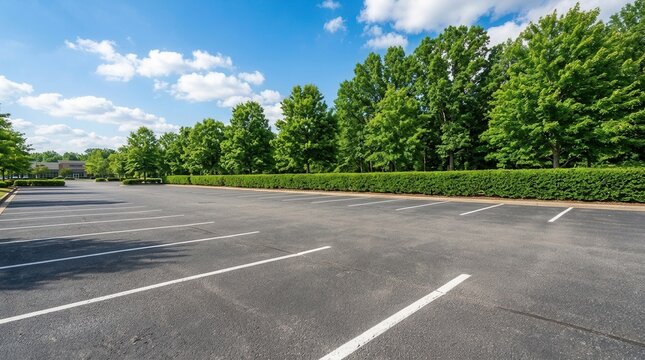 Manicured green hedge and tall trees bordering an empty asphalt parking area with white lines.