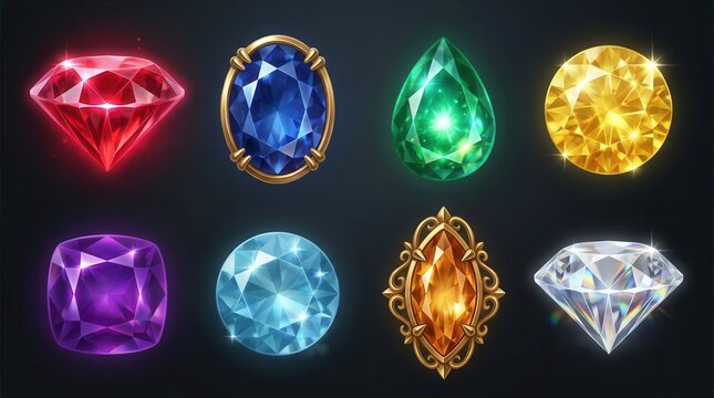 Mystic style cut diamonds and isolated colorful gems suitable for game design.