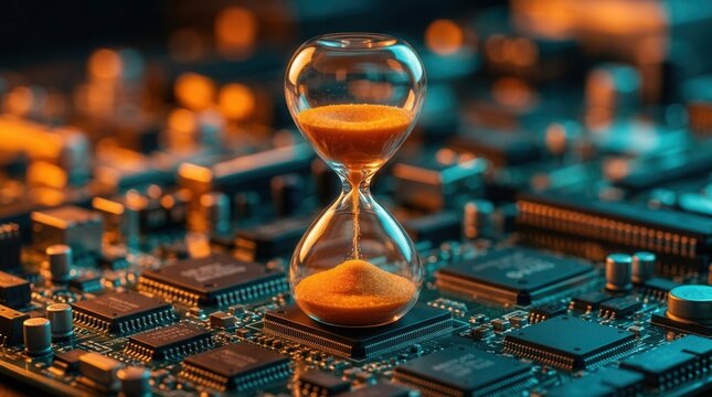 Deadline and time pressure concept with an hourglass on a digital component circuit board.
