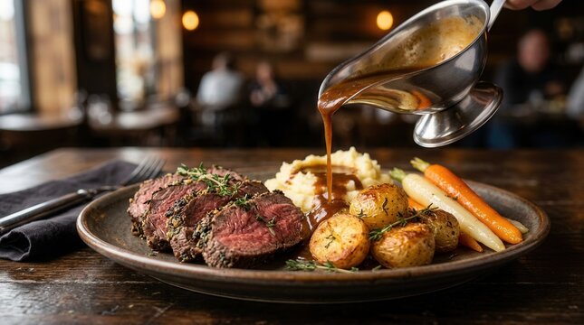 Close up of sliced roast beef with creamy mashed potatoes, roasted potatoes, and carrots.