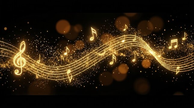 A wave of music with sparkles and golden music notes on a black background.