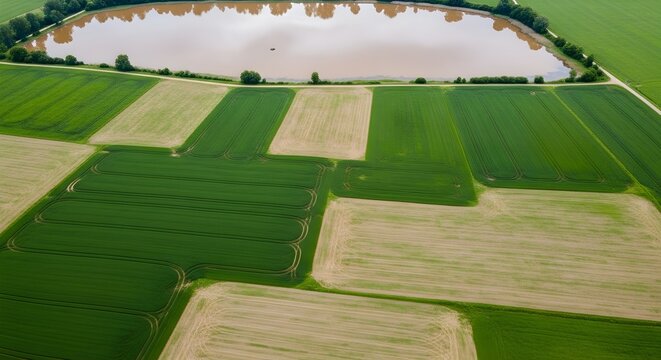 Aerial View of Geometric Farmland with patchwork green and beige agricultural fields bordering a calm pond, ideal for environmental sustainability articles and agricultural business presentations.