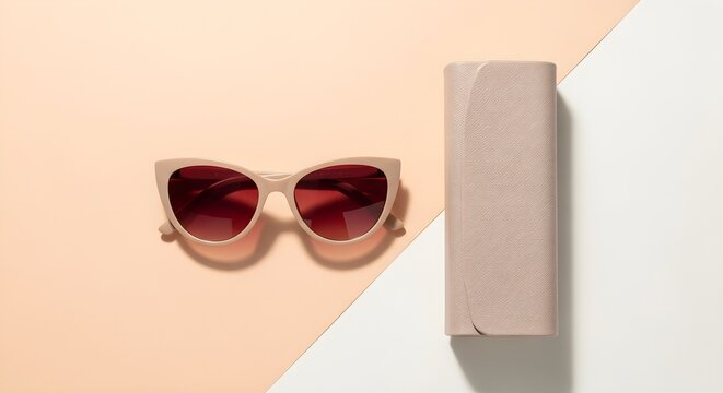 Stylish Cat-Eye Sunglasses with nude frame and burgundy lenses next to a matching textured case on a minimalist two-tone background ideal for fashion blogs and eyewear marketing.
