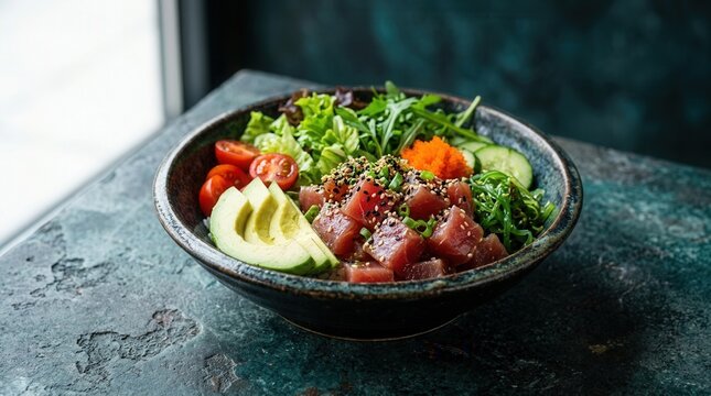Delicious and vibrant tuna poke bowl with sesame seeds on a dark table.