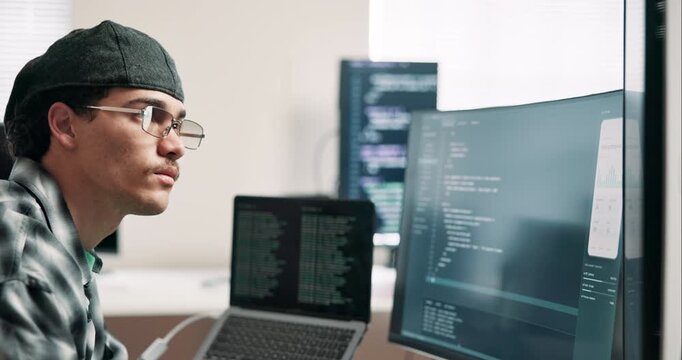 Man, programmer and computer screen in office with code, programming and script for cybersecurity. Person, coworking or coding in workplace with pc, debugging firewall and testing for data protection