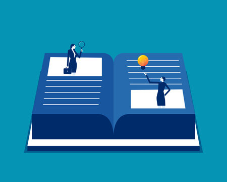 Business people are exploring with large books open. Business flat design style vector illustration.