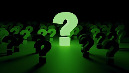 Single glowing green 3D question mark surrounded by shadowy marks © Pelle